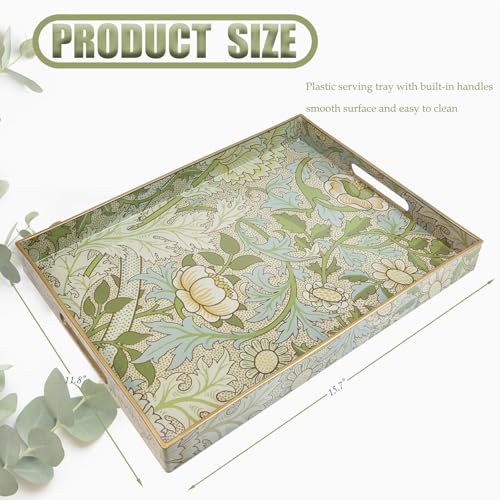 Spsyrine Serving Tray with Handles, Plastic Decorative Tray for Coffee Table, Living Room, Home Decor, Dianthus