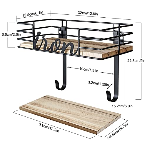 TJ.MOREE Hanger wall mount - Laundry Room Iron and ironing board Holder, Metal with Large Storage Wooden Base Basket and Removable Hooks (Black)
