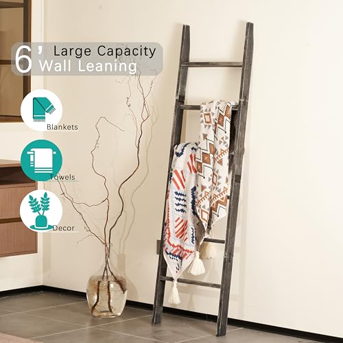Blanket Ladder 6-Tier Washed Black, Rustic Towel & Quilt Display Rack | rustic black ladder for living room, bedroom or bathroom. Holds quilts, towels & blankets. Sturdy 6-tier wood. Easy assembly