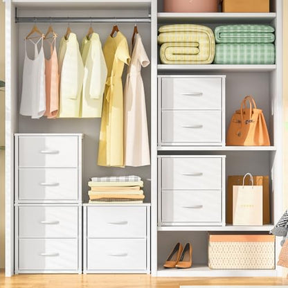 2-Pack Stackable Storage Drawers (4 Drawers Total), White Closet Organizer with Wooden Top & Metal Frame, Freestanding or Stackable Dresser for Bedroom, Living Room, Under Bed