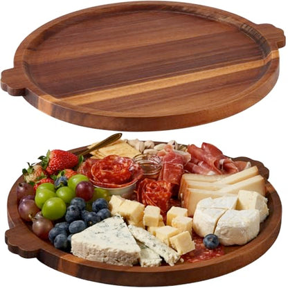 Charcuterie Board 13'' Wood Serving Platter Round Ottoman Coffee Table Tray | Acacia Wood Serving Tray with Handles, Wooden Cheese Board Circular Decorative Serving Platter for Party Supplies, 1 Board
