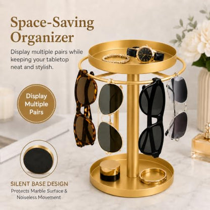 360° Rotating Sunglasses Organizer, 2-Tier with Jewelry Tray & Storage Base | Stainless Steel Glass Holder Stand, sunglasses storage for Multiple Sunglasses,Watches,Rings, Keys, Dresser, Desk, Nightstand