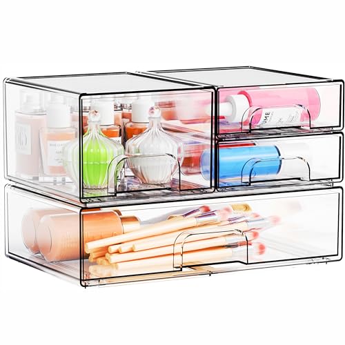 4 Pack Clear Stackable Storage Drawers,Pull-Out Me... (Clear | Acrylic)