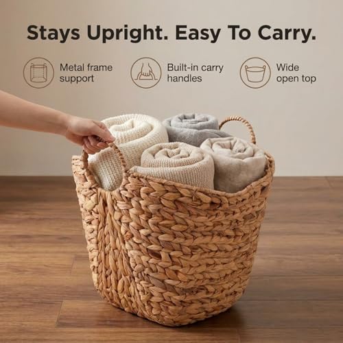Household Essentials ML-4002 Tall Water Hyacinth Wicker Basket with Handles | Natural, Brown, Natural