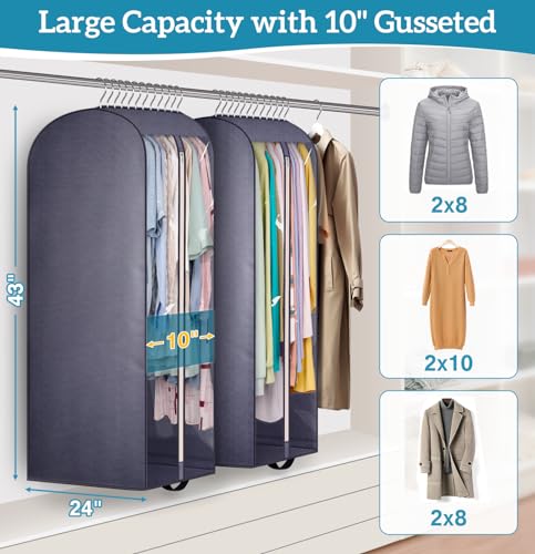 10" Gusseted Clear Garment Bags for Hanging Clothes Storage, 43" Suit Bags for Closet Storage with Handles, Garment Covers for Coats, Jackets, Sweaters (2 Packs, Grey)