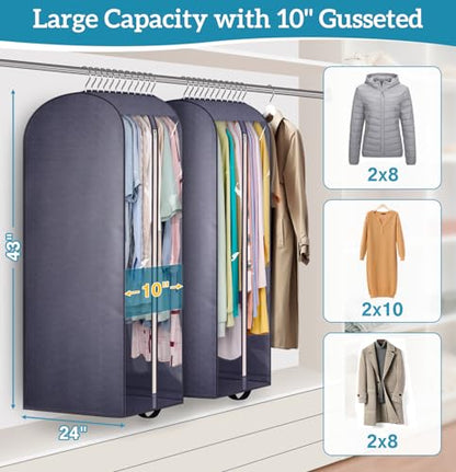 10" Gusseted Clear Garment Bags for Hanging Clothes Storage, 43" Suit Bags for Closet Storage with Handles, Garment Covers for Coats, Jackets, Sweaters (2 Packs, Grey)