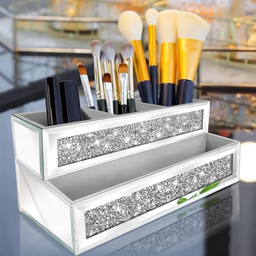 Mirror Hair Dryer Holder Upgrade Crystal Crush Diamond Hair Tool Organizer Wall Mount. Silver Bathroom Cabinet Tray for Blow Dryers, Hairdryer Straightener, Makeup,Brushes .(10.5”x7”x5”)
