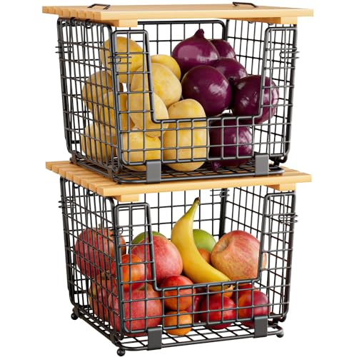 2 Pack Stackable Potato Onion Bins, Pantry Organizers and Storage | Wire Basket with Breathable Design for Garlic Fruits Vegetables Storage, Kitchen Counter Organizer