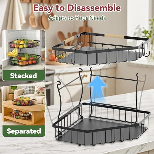 2 Tier Fruit Basket for Kitchen Counter with 2 Banana Hangers for Corner | Detachable Metal Fruit Bowl with Wooden Handle, Large Capacity Fruit Stand for Bread Fruit and Vegetable Storage, Black