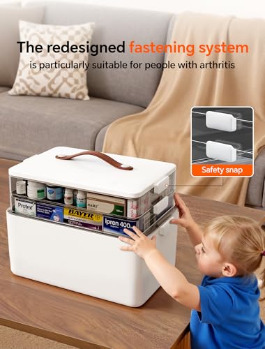 Medicine Organizer Box, 3-Tier | 3-tier medicine storage organizer with smoke-clear trays, side latches and a leather-style carry handle for home storage.