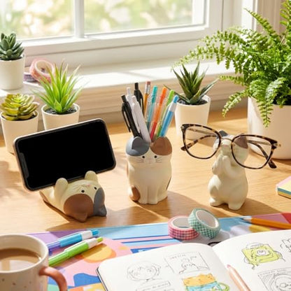 3 PS Cat Shaped Phone Holder and Eyeglass Frame with Pen Holder, Animal Resin Gift for cat Enthusiasts, Home and Office Fashion Accessories-White