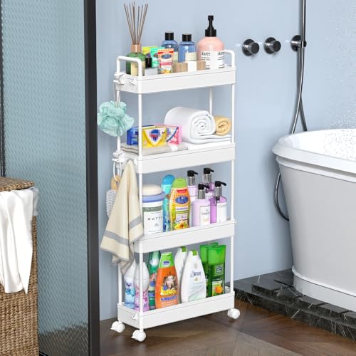 SOLEJAZZ Slim Rolling Storage Cart Skinny Bathroom Organizer, 4 Tier, White | Thin utility cart with wheels for bathroom, laundry room, bedside, kitchen, dorm, office, next to fridge, small narrow places