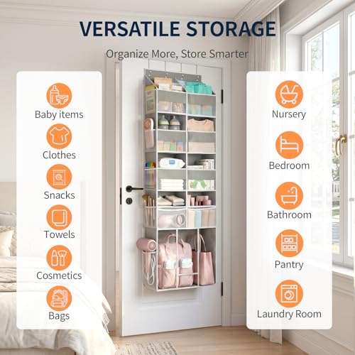 Yecaye Over the Door Organizer 5-Shelf, Behind the Door Storage 80lbs Capacity with Extra Large Pocket, Back of Door Organizer and Storage for Baby Nursery Bedroom Dorm Bathroom RV, Grey
