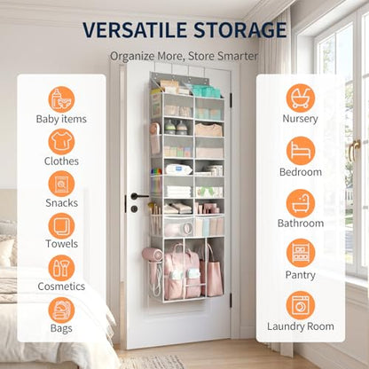Yecaye Over the Door Organizer 5-Shelf, Behind the Door Storage 80lbs Capacity with Extra Large Pocket, Back of Door Organizer and Storage for Baby Nursery Bedroom Dorm Bathroom RV, Grey