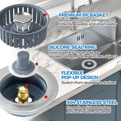 3 in 1 Kitchen Sink Drain Strainer Stopper Removable Basket Pop-Up | Kitchen Sink Accessories 2 Pack Silver Stainless - Food Catcher, Odor-Blocking Seal, Fits 3.5" Drain, Easy Clean