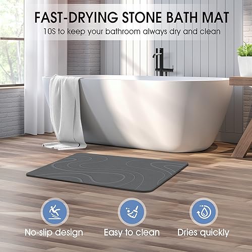 Stone Bath Mat Diatomaceous Earth Shower Mat Non-Slip Super Absorbent Diatomite Stone Bath Mats for Bathroom Floor Quick Drying Natural Easy to Clean