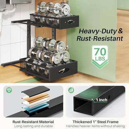 Under Sink Organizer, 2-Pack Pull Out Cabinet Organizer 2 Tier Metal Slide Out Storage Shelf Rack, L-Shaped Adjustable Height,Mesh Sliding Drawer for Kitchen, Bathroom, Laundry, Pantry, Black, XL