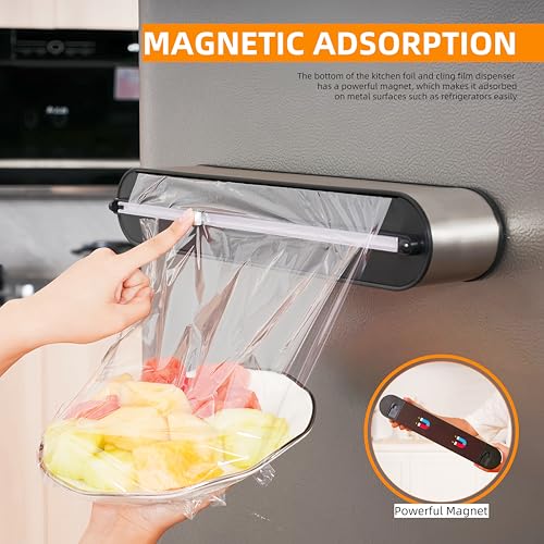 Aluminum Foil & Plastic Wrap Dispenser with Cutter - Magnetic & No-Drill Wall Mount, Stainless Steel Design, Space-Saving Kitchen organizer for Countertops & Cabinets - Fits 12" Rolls, Silver