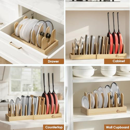 Housolution Bamboo Pot and Pan Lid Organizer Holder Storage Rack | 15"-29" Expandable, 10 Adjustable Dividers, Upgrade Solid Wooden Base, Easy Assembly