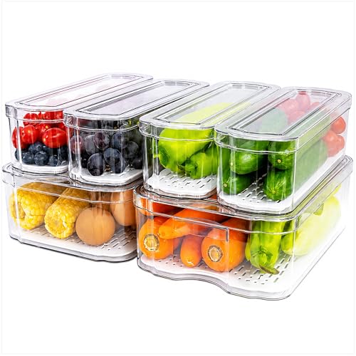 SMRCAD 6 Pack Clear Fridge Organizer Bins with Drain Trays - Stackable | BPA-Free PET, 6 Pack: 6 lidded Bins (Not drawer), Helps Keep Produce Fresh, 14L Capacity, Hand Wash Only