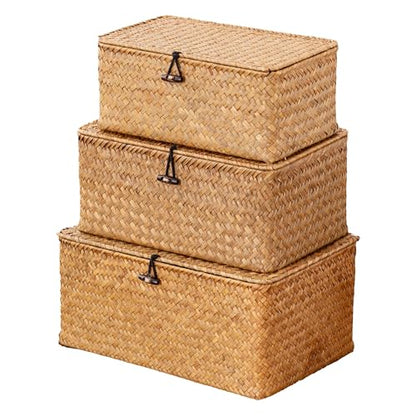 Nonam Storage Basket with Lid, Natural Seagrass Bin with Lid Set of 3, Shelf Baskets Multipurpose Container for Boho Decoration, Rectangular Household Storage Boxes for Home Organization-Natural