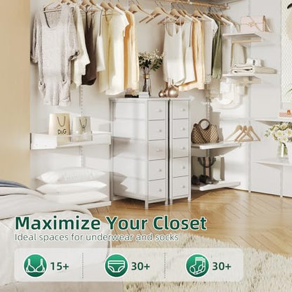 Narrow Dresser, 19" Wide Narrow Nightstand Dresser Storage Tower with 5 Drawers, Slim Fabric Dressers Chest of Drawers for Small Spaces, Wood Top & Fabric Bins for Bedroom Bathroom Closet (White)