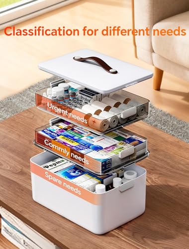 Medicine Organizer Box, 3-Tier | 3-tier medicine storage organizer with smoke-clear trays, side latches and a leather-style carry handle for home storage.
