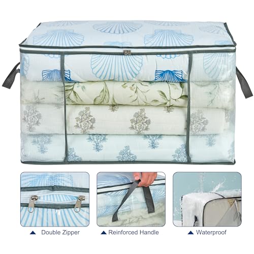 80L Clear Large Storage Bag for Clothes Comforters Blankets Pillows Bedding | Foldable Organizer with Sturdy Handle and Zippers, Storage Containers for Organizing Closet, Bedroom, Underbed, Dorm