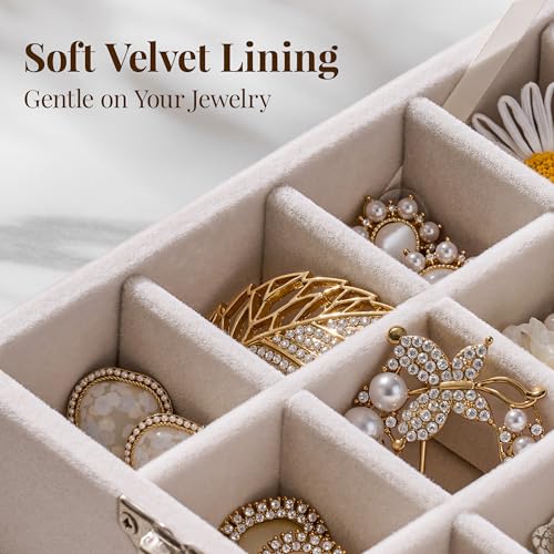 48 Grid Earring Organizer and Storage: Velvet Jewelry Tray with Lid, Jewelry Box for Studs, Earrings, Rings, Necklaces, Dresser & Vanity, Earrings Case for Girls, Women, 13"x8.6"x2.4", Beige