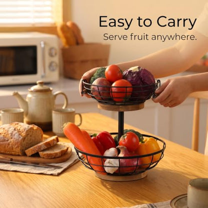 2-tier Fruit Basket Bowl,Metal Basket with Wooden Base,Fruit and Vegetable Storage with Banana Hanger,Fruit Basket for Kitchen Counter Organizer.