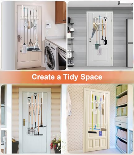 Broom Holder Over The Door with 4 Over Door Hook, Drilling Free Mop - White | Save Space, Metal Mop and Broom Storage Wall Mount Broom Storage Tool Organizer for Laundry Room Garage Kitchen Bathroom