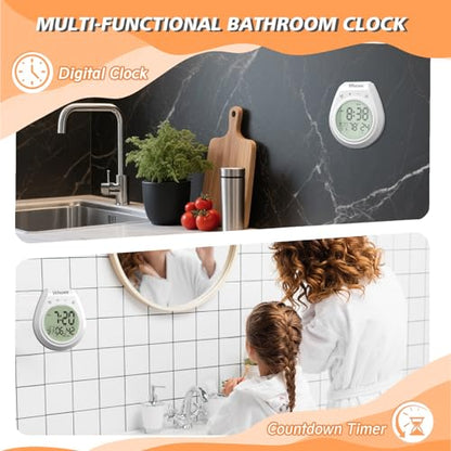 Shower Clock Waterproof Bathroom Timer, Kitchen Wall Clock with Countdown, Temperature, Suction Cup, Battery Operated Digital Clock for Bath, Cook