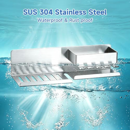 Bar Soap Holder for Shower Wall, Adhesive Soap Dish, Silver | Self-draining Soap Tray for Bathroom, Stainless Steel Soap Stand, with Baffle & 5 Hooks for Loofah, Razor, Toothbrush