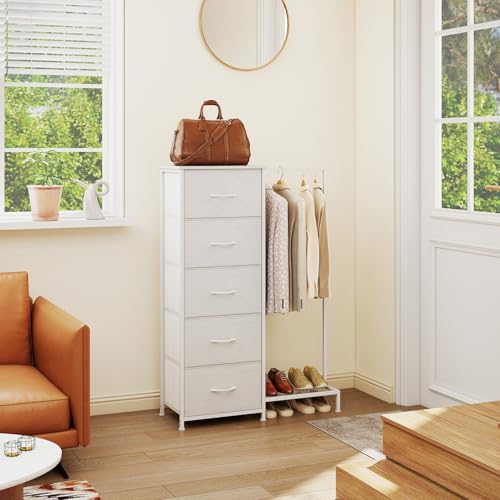 Somdot Dresser with Hanging Rack, 5 Drawers Small Closet for Bedroom | Reversible Clothes Rack, Kids Chest of Drawers, Tall Storage Tower, White