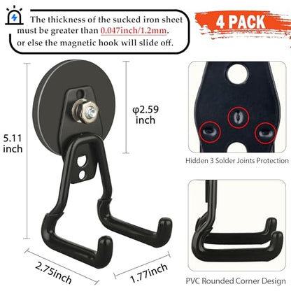 ULIBERMAGNET Upgraded Large Magnetic Hooks,Strong Heavy Duty Magnet Hooks for Power Drill,Broom,Garden Tools,Pegboard,Garage,Workshop,Hardware, 4 Pack Magnet Storage Holder for Hanging(Black)
