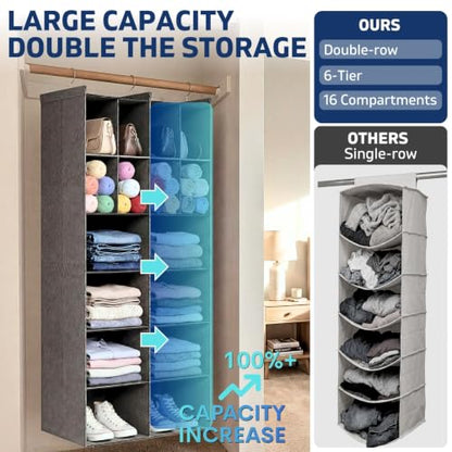 6 Tier Hanging Closet Organizer, 16 Compartments Dual Row Storage, Grey | Closet Organizers and Storage with Large & Small Pockets, 3 Sturdy Hooks Support Heavy Loads, Ideal for Dorm, Garment Rack