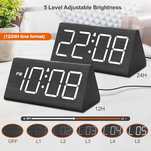DreamSky Wooden Digital Alarm Clock for Bedroom Living Room, Large Numbers | Electric Desk Clock with USB Port, Loud Alarm for Heavy Sleepers, Adjustable Volume, Dimmer, DST, Wood Décor Gifts (Plug-in)