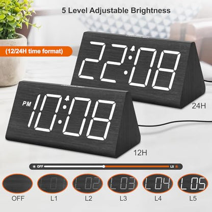 DreamSky Wooden Digital Alarm Clock for Bedroom Living Room, Large Numbers | Electric Desk Clock with USB Port, Loud Alarm for Heavy Sleepers, Adjustable Volume, Dimmer, DST, Wood Décor Gifts (Plug-in)