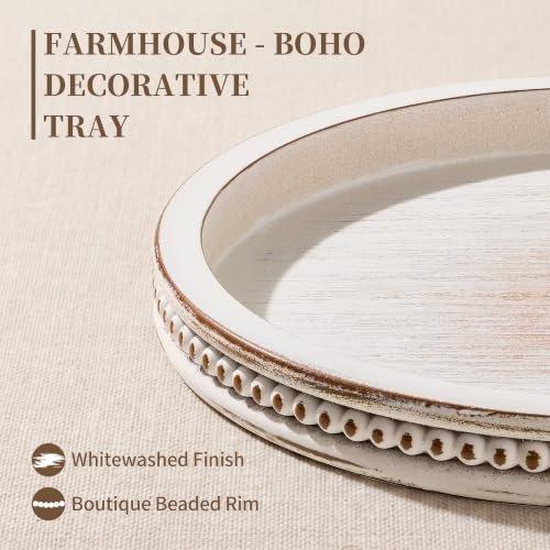 Hanobe Decorative Tray for Coffee Table: 10.5-Inch Round Whitewashed Wood Tray for Rustic Farmhouse Living Room Kitchen Island Entryway Home Decor