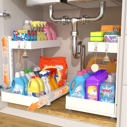 Under Sink Organizer, Bathroom Counter Organizer, 2 Packs 2-Tier Metal, Under Cabinet Storage, Makeup Storage, Adjustable Height & Slide-Out Drawer for Kitchen Bathroom, White