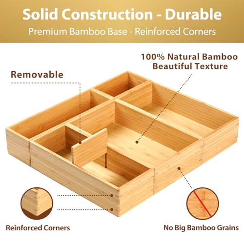 Drawer Organizer Storage Boxes, 2.5" High Bamboo Drawer Dividers, 5 Rearrangeable Bins for Kitchen, Office Desktop, Clothing, Makeup, vanity, Jewelry