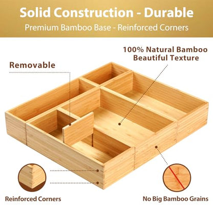 Drawer Organizer Storage Boxes, 2.5" High Bamboo Drawer Dividers, 5 Rearrangeable Bins for Kitchen, Office Desktop, Clothing, Makeup, vanity, Jewelry