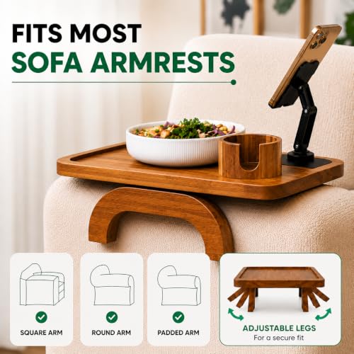 Couch Armrest Table with Cup Holder (15.31" x 9.65") - Acacia Sofa Arm Tray Organizer with Magnetic & 360° Rotating Phone Holder - Fits Couch Arm for Drinks, Snacks & Remote Control