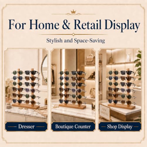 Sunglasses Display Stand, Eyewear Organizer Rack,12 Pair | Beechwood Color, Double-tower Countertop Glasses Holder, Eyeglass Display for Retail Shop, Boutique, Trade Show and Home