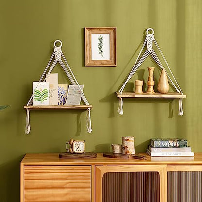 Mkono Macrame Hanging Shelves Boho Wall Decor Set of 2 Floating Wood Shelf | Cute Room Decor for Teen Girls Display Storage Shelves for Hanging Plant Photos Fit Bedroom Bathroom Living Room Nursery Dorm
