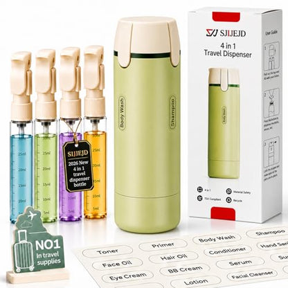 4 in 1 Travel Dispenser Bottle Set, Leakproof TSA Travel Size Containers for Toiletries, Portable Refillable Bottles, Hard Shell Rotating Design with Scale and Labels