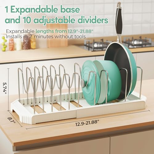 Expandable Pan Organizers Inside Cabinet with 10 Dividers White | Extends 12.9-21.9", Holds cookie sheets, cutting boards, pot lids and pans, iron dividers, plastic base, under cabinet rack