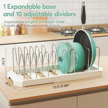 Expandable Pan Organizers Inside Cabinet with 10 Dividers White | Extends 12.9-21.9", Holds cookie sheets, cutting boards, pot lids and pans, iron dividers, plastic base, under cabinet rack