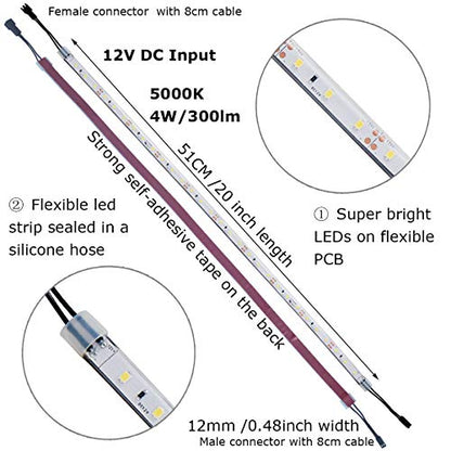 Under Cabinet Light, 6 PCS 20 Inches Flexible LED Strips with Power Adapter, 24W,1800 Lumen, Daylight 5000K. Suitable for Kitchen Cabinets, Counters, Under Shelf, Closets (6-Strip-5000K)