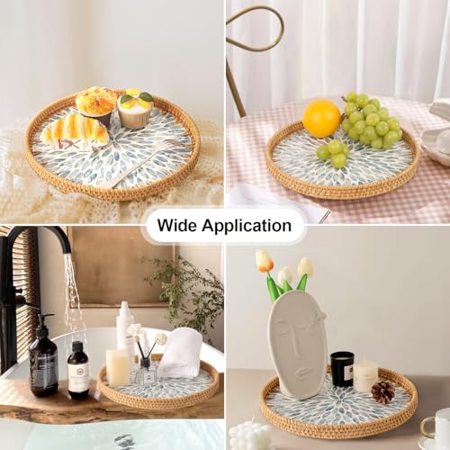 Round Rattan Tray with Mother of Pearl Inlay, Rattan Serving Tray for Coffee, Bread, Fruits, Decorative Wicker Tray for Table Decor, Home Decor, Kitchen Island Decor (Light Blue Leaf, 11.8")